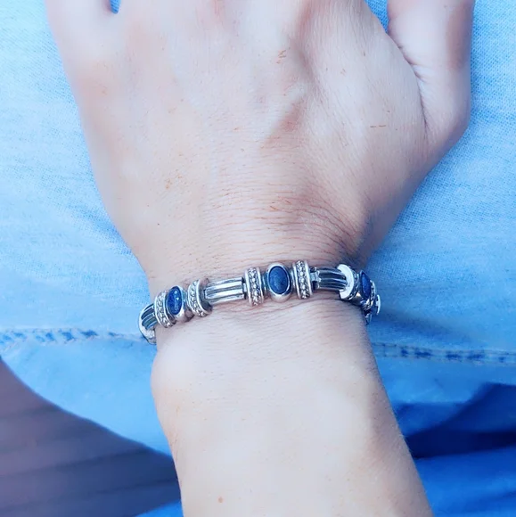 Vintage Lapis Sterling Silver, Heavy Link Bracelet - Picture 6 of 8